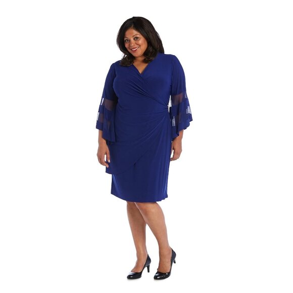 NEW R&M Richards Wraparound Knee-Length Dress with Bell Sleeves Size 20W Blue - Picture 1 of 13
